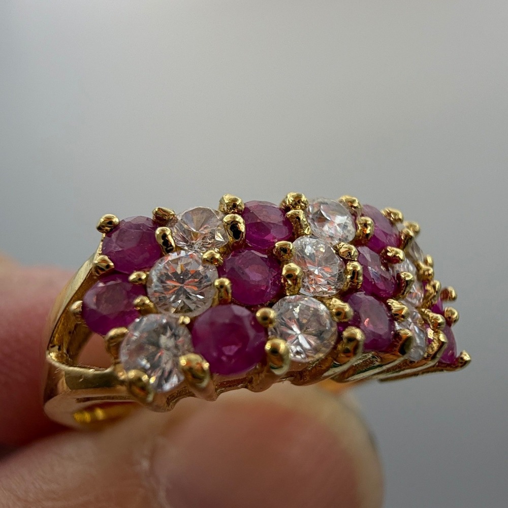 14K HGE Ruby Cluster Ring Size 8 Gold Electroplate Cocktail Statement - Picture 2 of 15